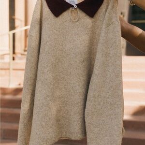 Beige Wool Blend Sweater with Contrast Brown Collar